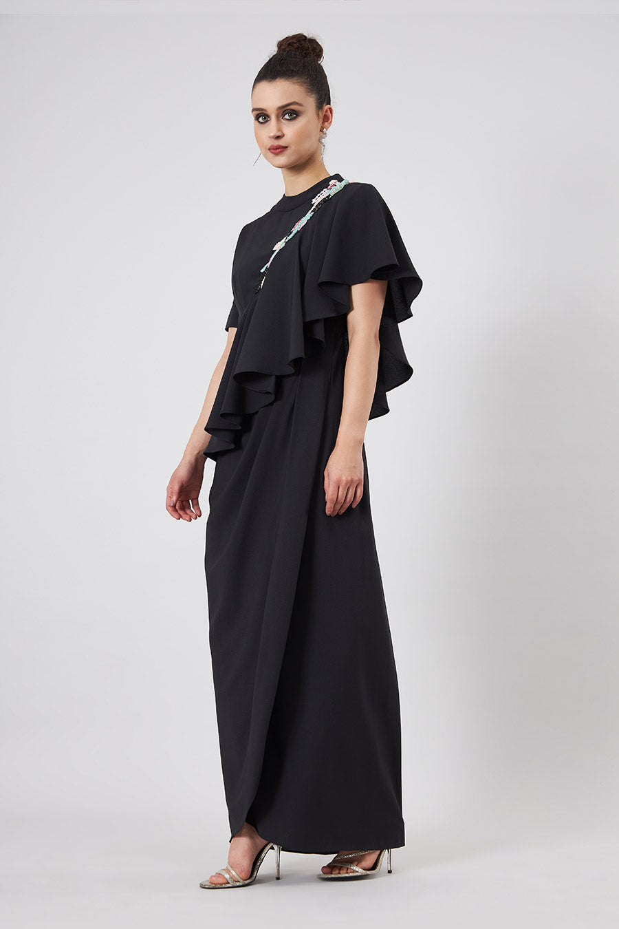 Noir Embroidered Cascade Drape Dress