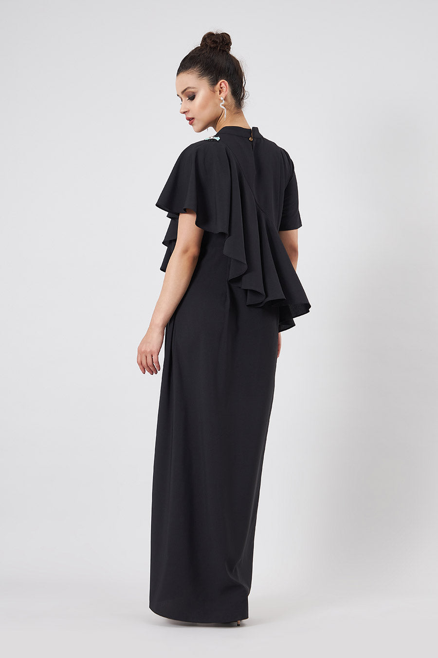 Noir Embroidered Cascade Drape Dress