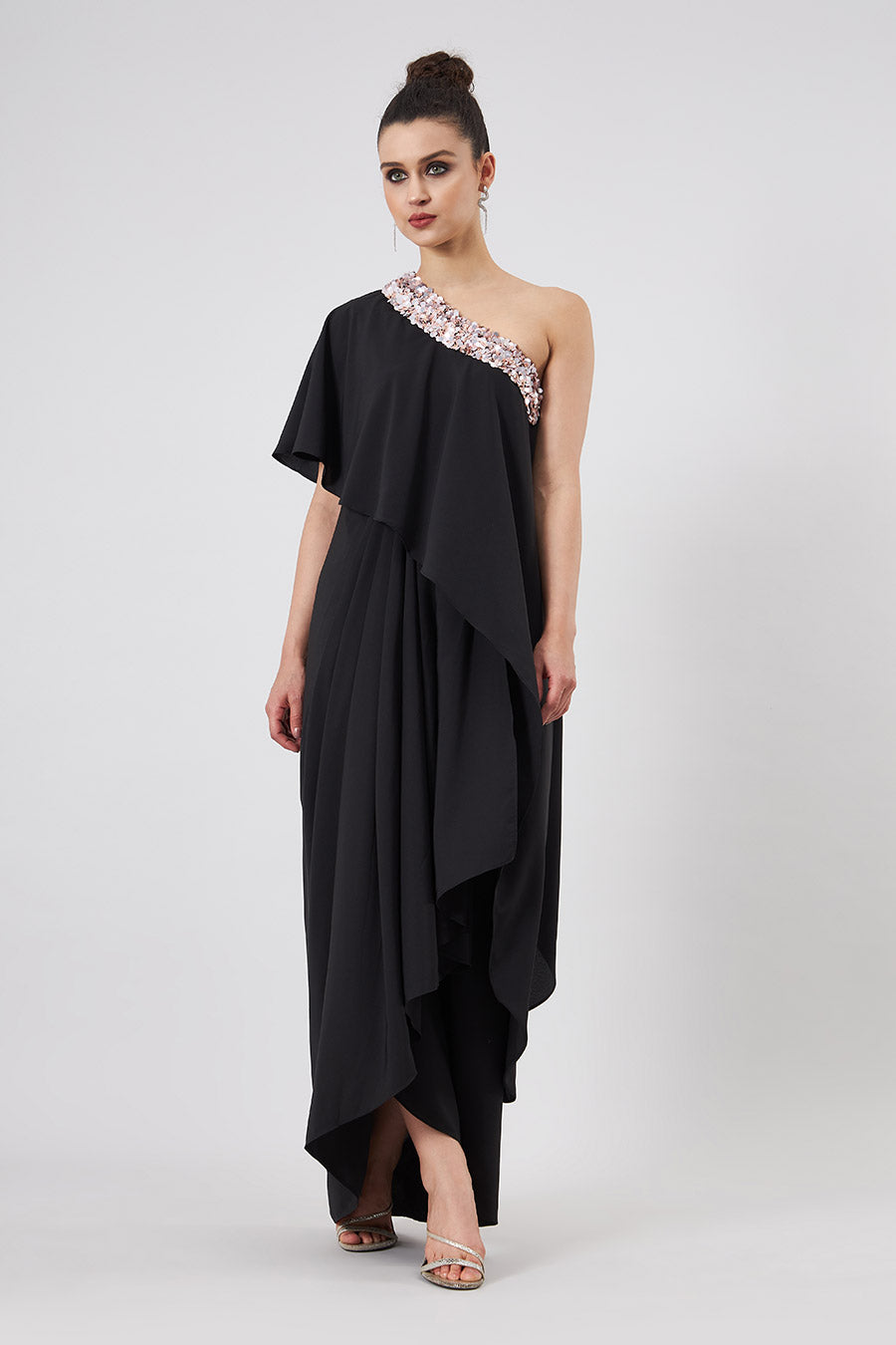Black Embroidered One-Shoulder Drape Dress