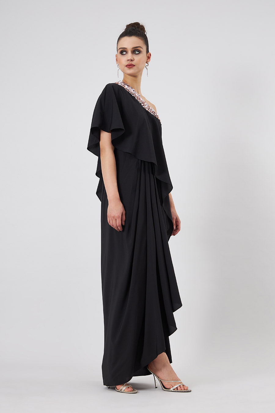 Black Embroidered One-Shoulder Drape Dress