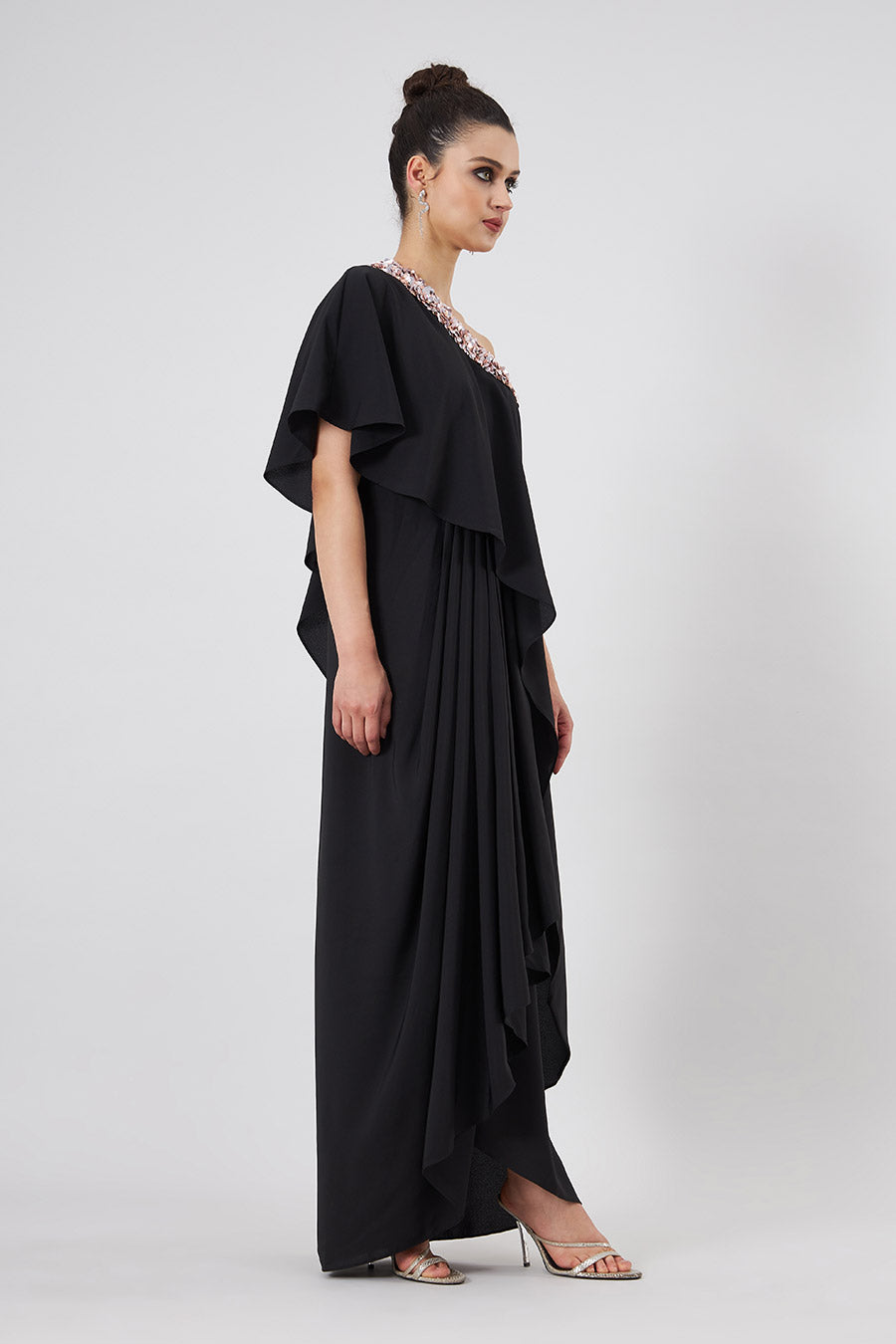 Black Embroidered One-Shoulder Drape Dress