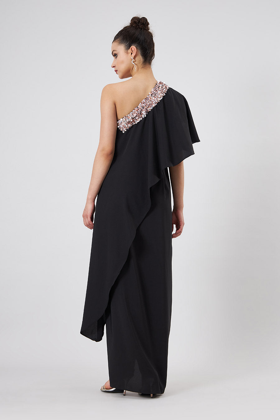 Black Embroidered One-Shoulder Drape Dress