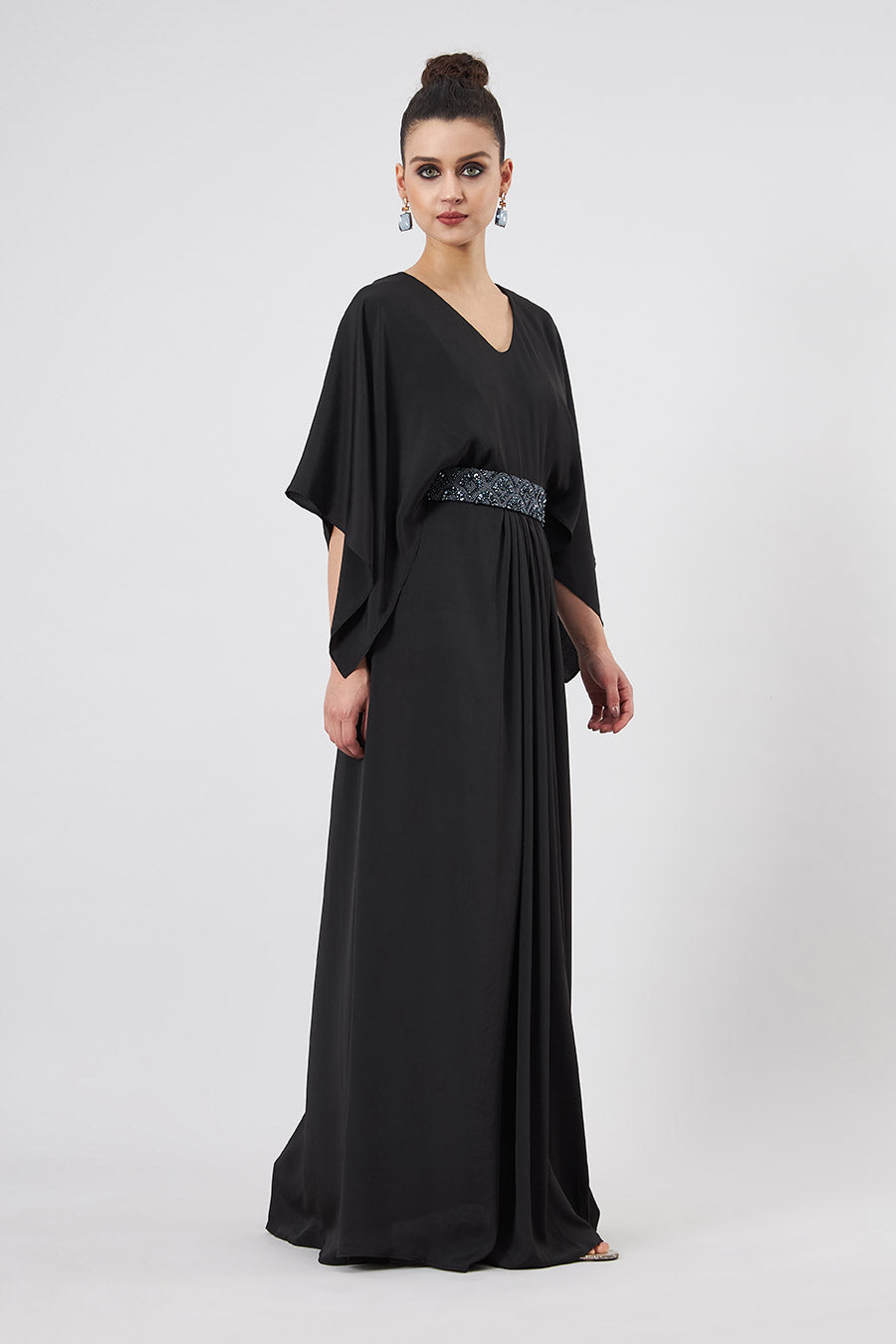 Black Drape Dress With Emebllished Belt