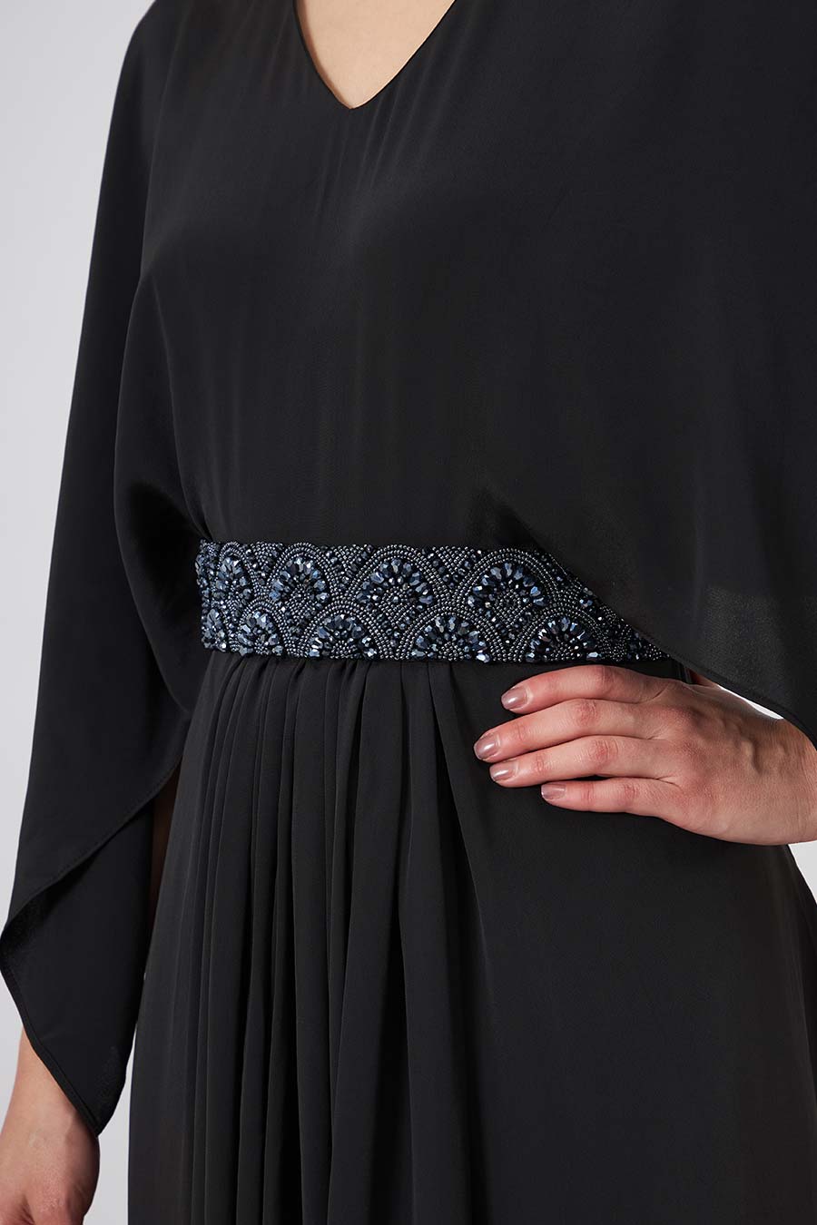 Black Drape Dress With Emebllished Belt