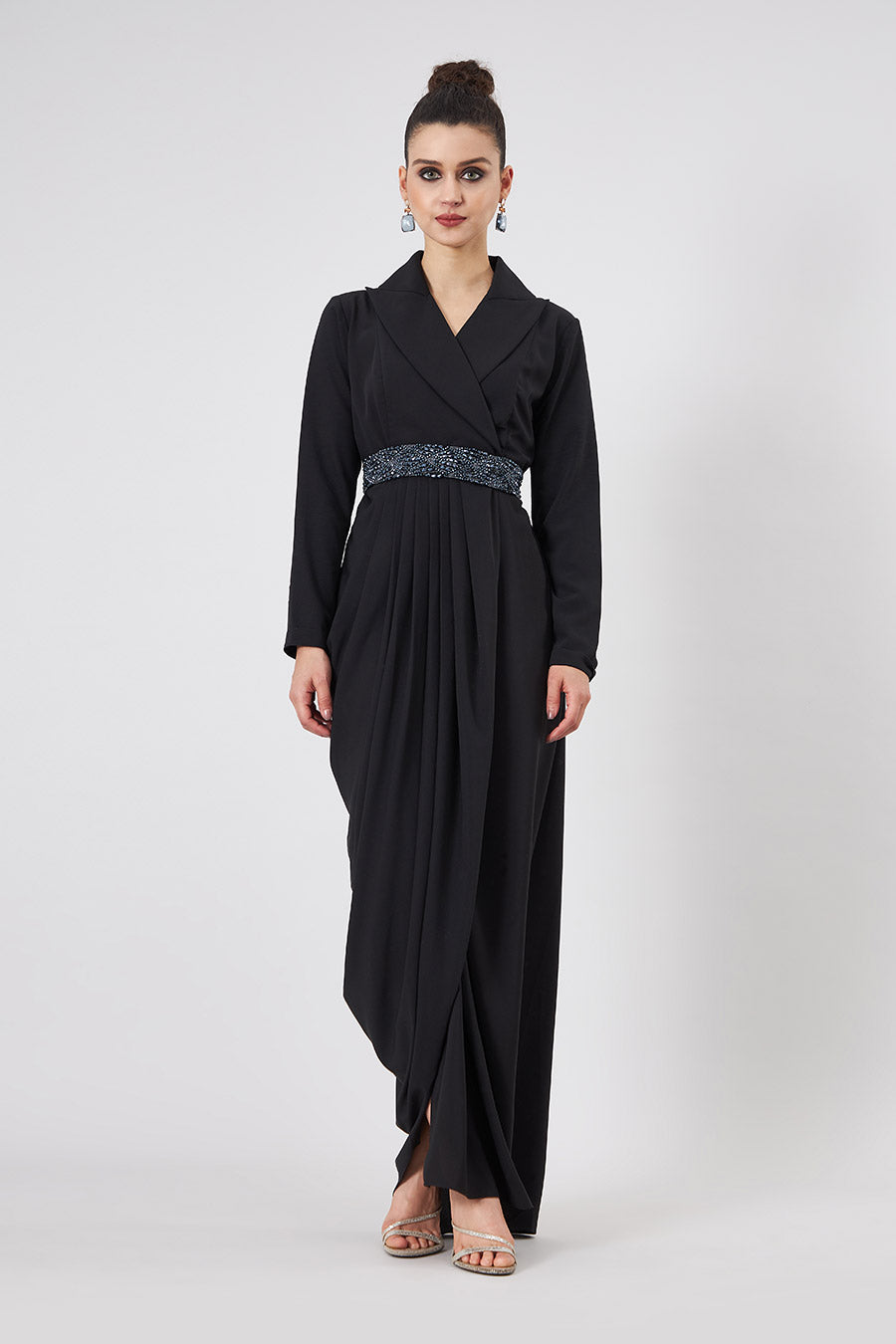 Black Notch Drape Dress With Embellished Belt