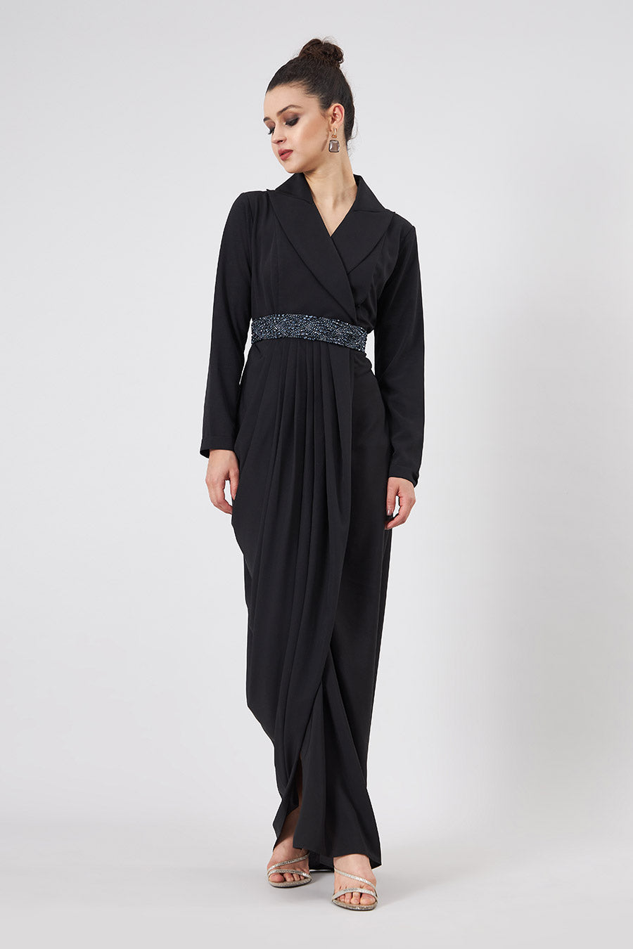 Black Notch Drape Dress With Embellished Belt