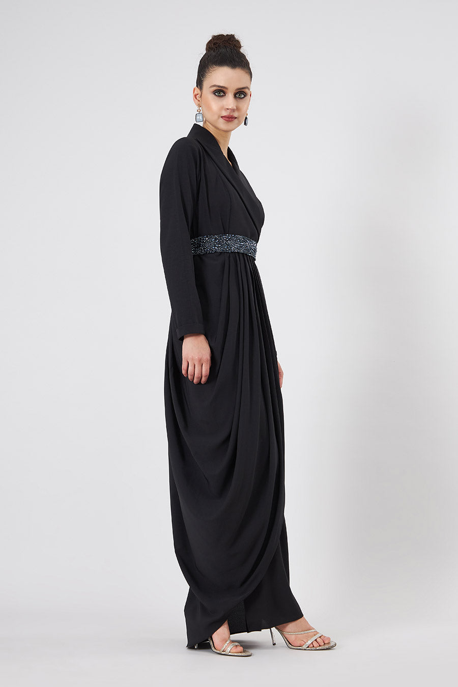 Black Notch Drape Dress With Embellished Belt