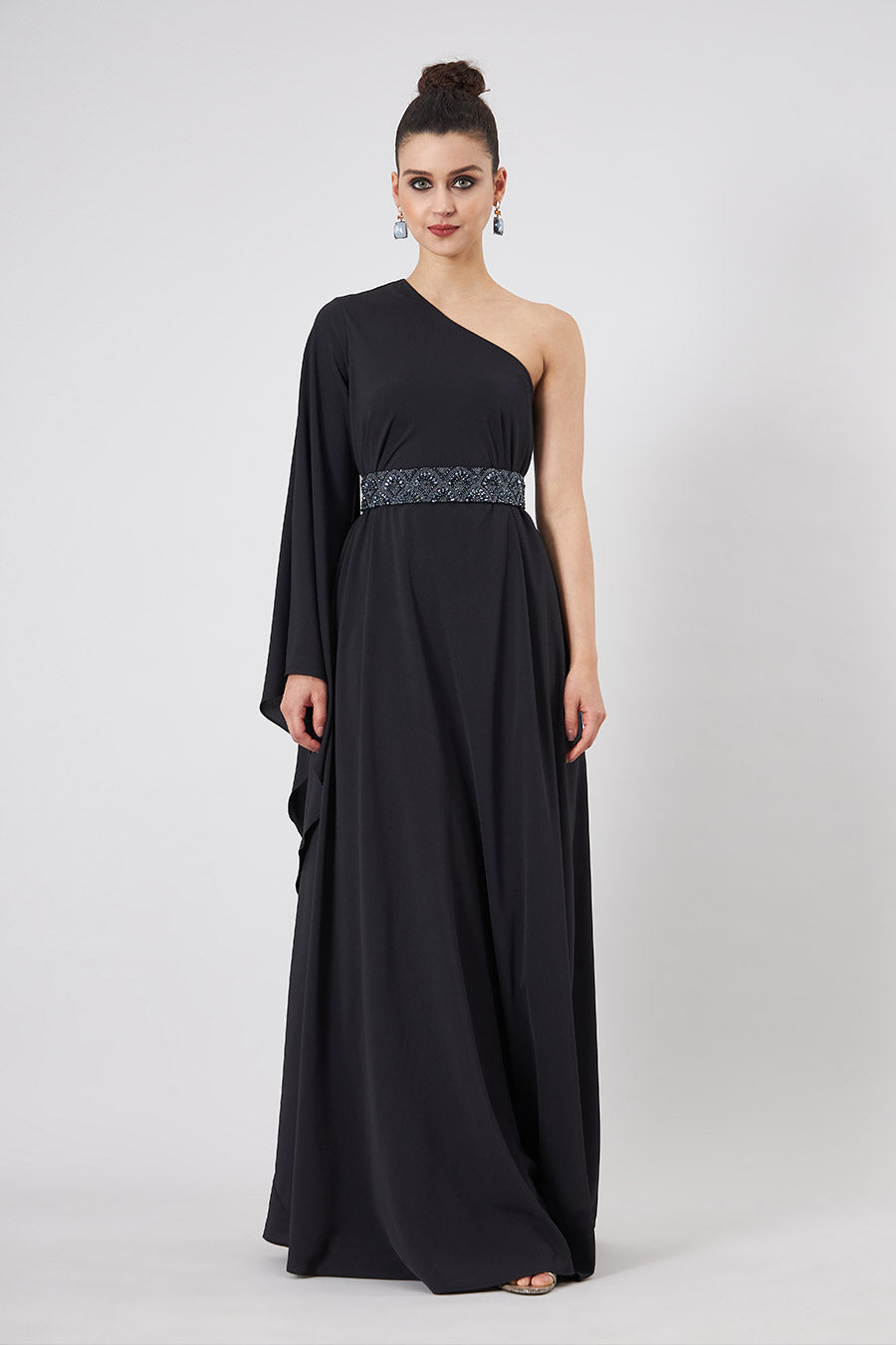 Black One-Shoulder Dress With Emebllished Belt