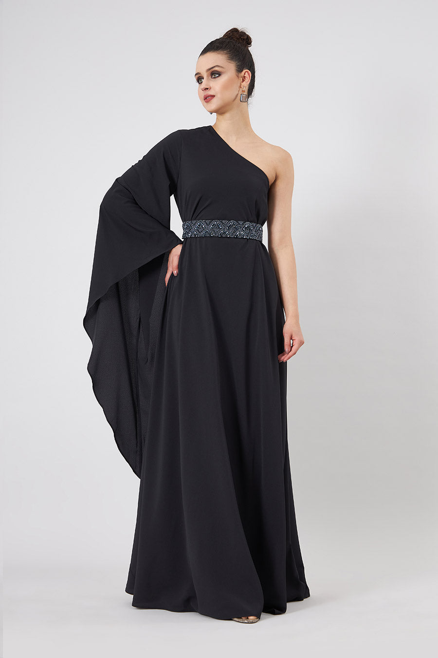 Black One-Shoulder Dress With Emebllished Belt