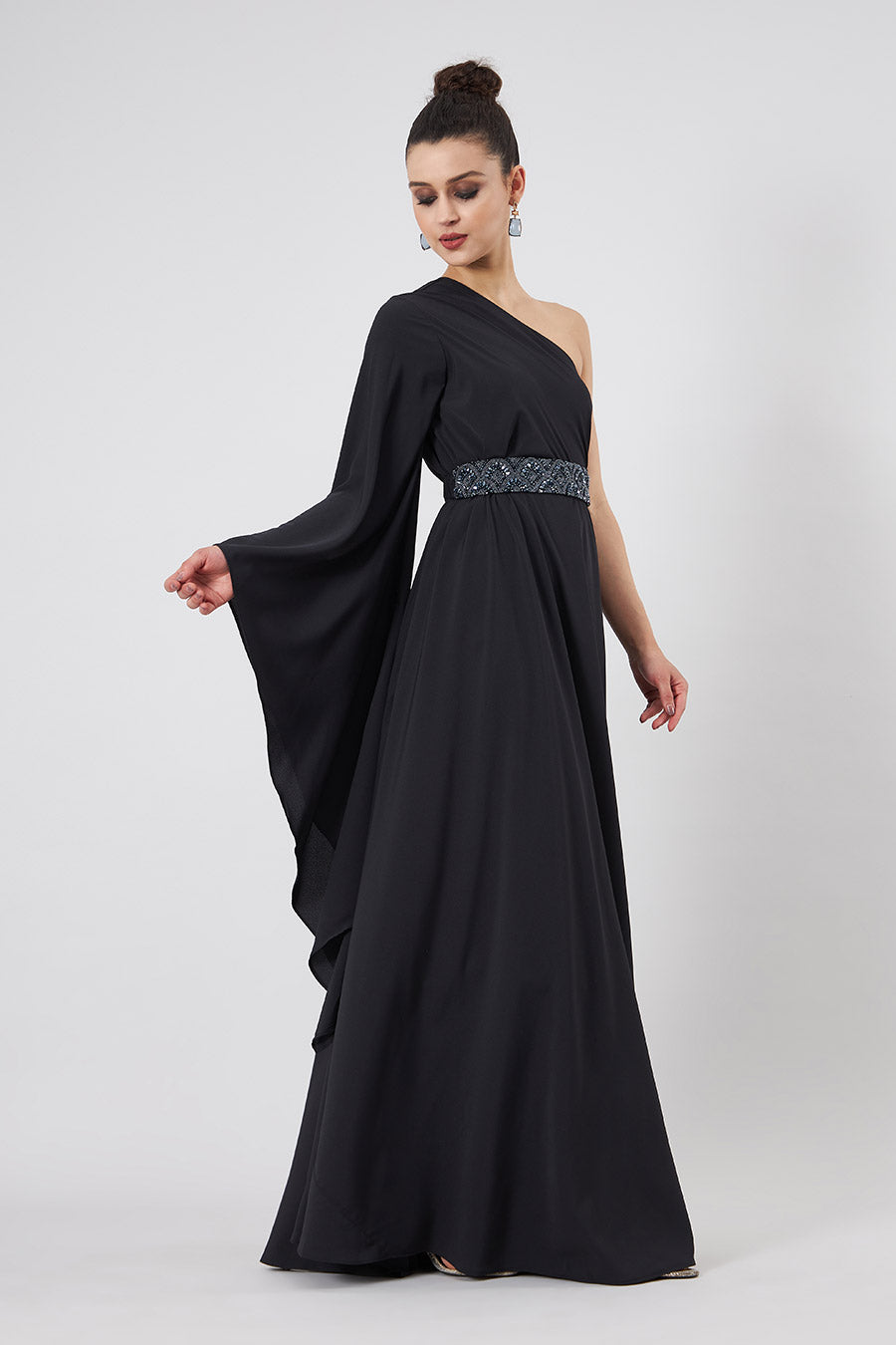 Black One-Shoulder Dress With Emebllished Belt