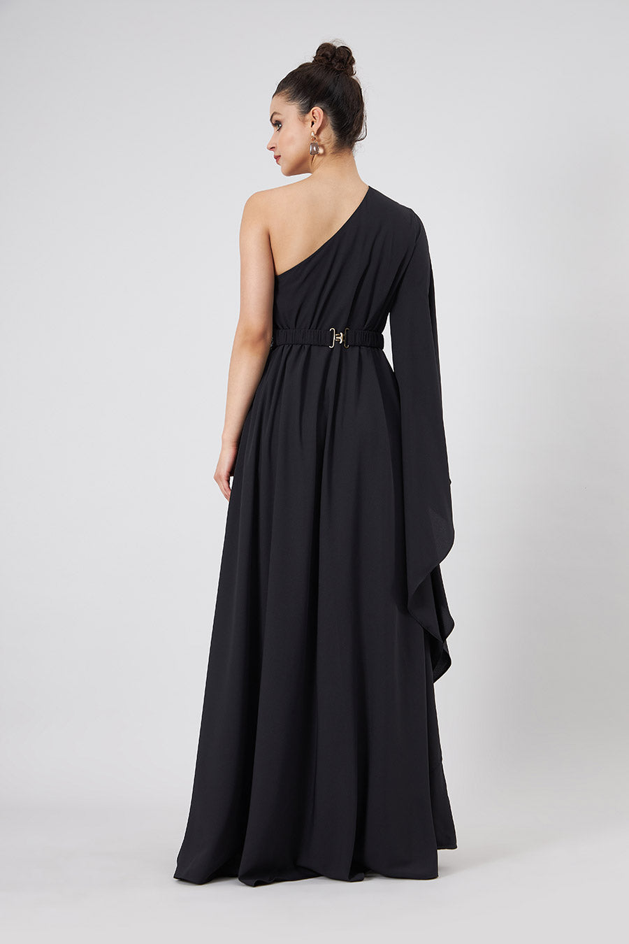 Black One-Shoulder Dress With Emebllished Belt