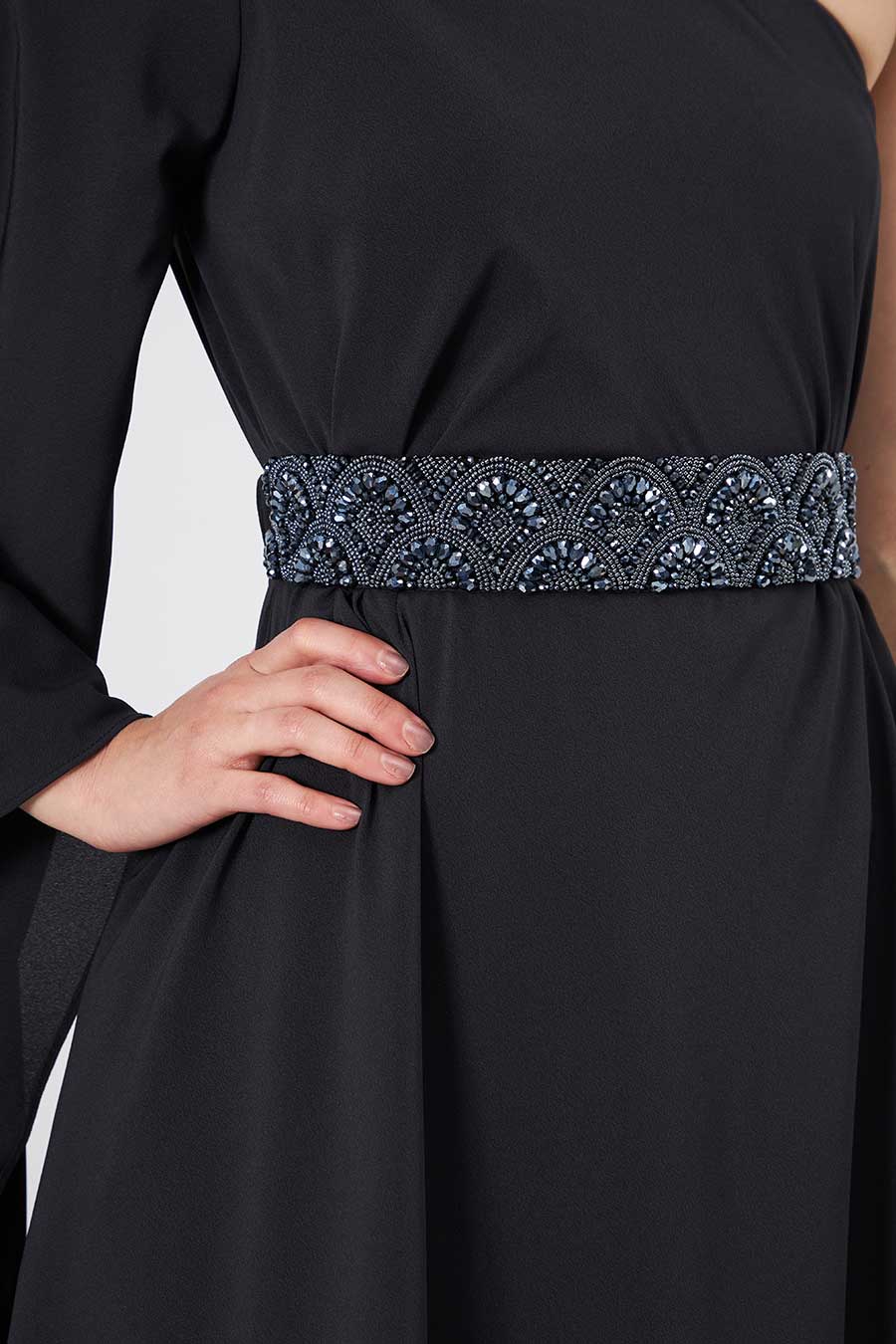 Black One-Shoulder Dress With Emebllished Belt