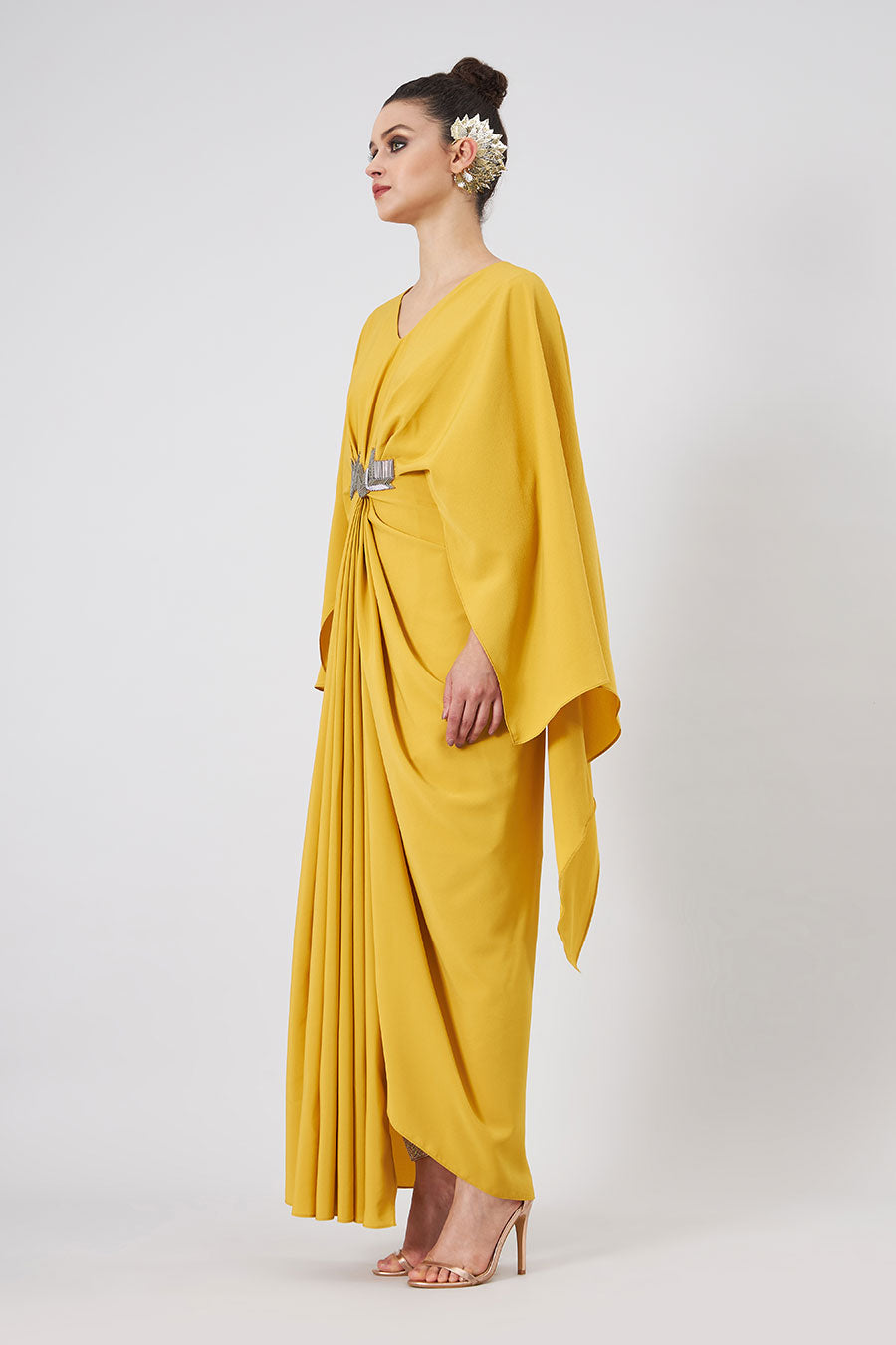 Metallic Embroidery Yellow Drape Dress