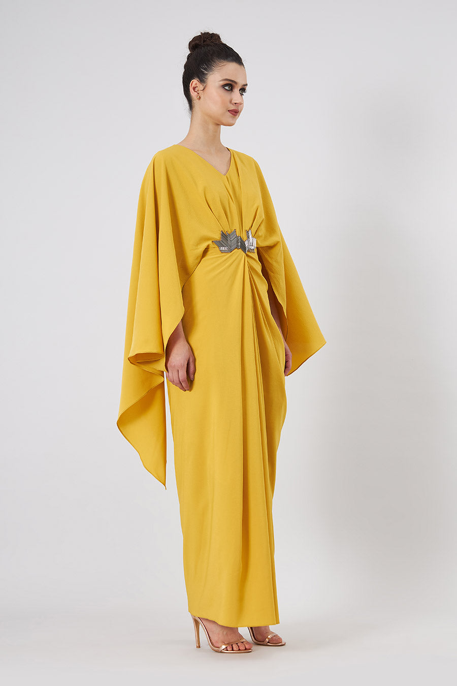 Metallic Embroidery Yellow Drape Dress