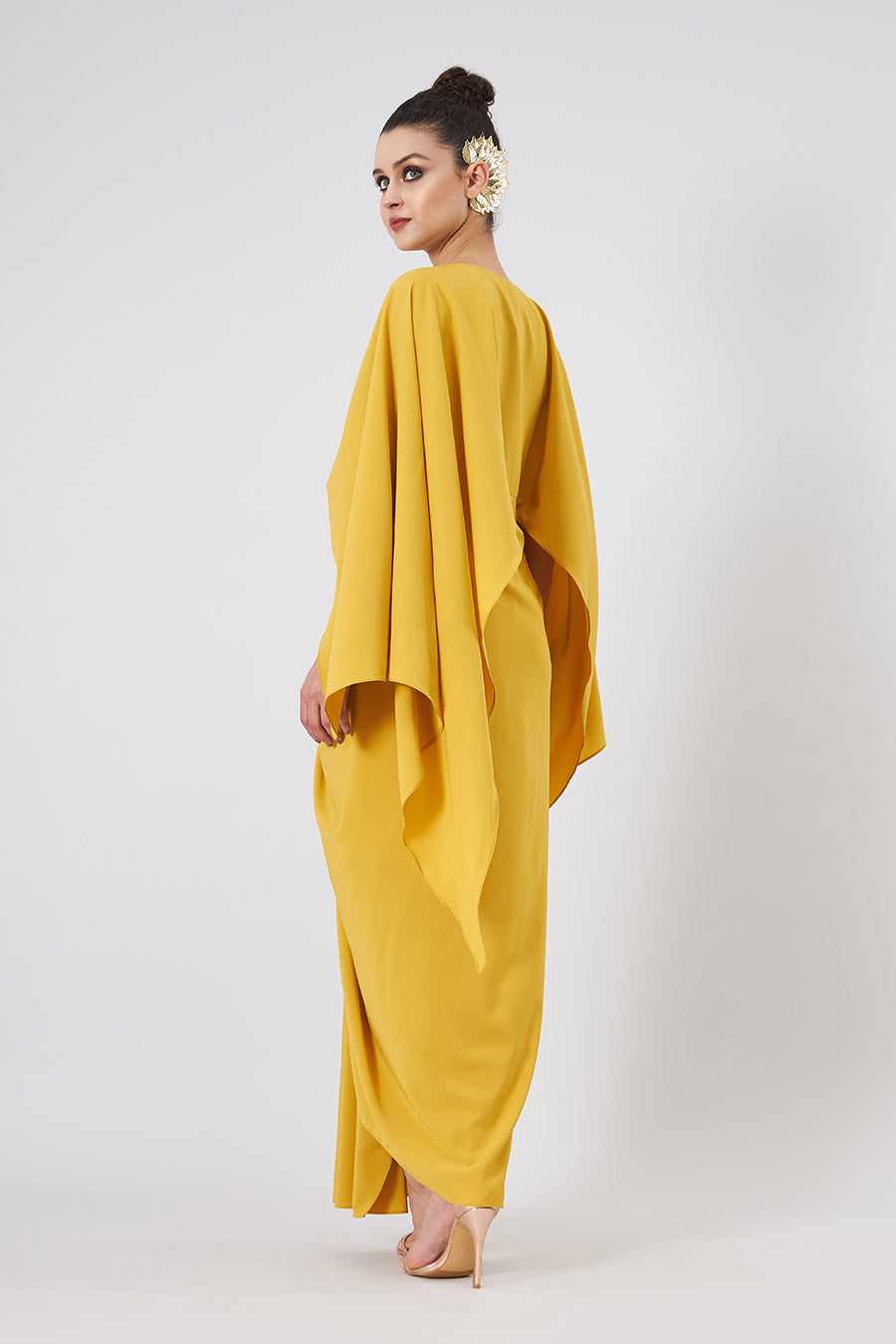 Metallic Embroidery Yellow Drape Dress