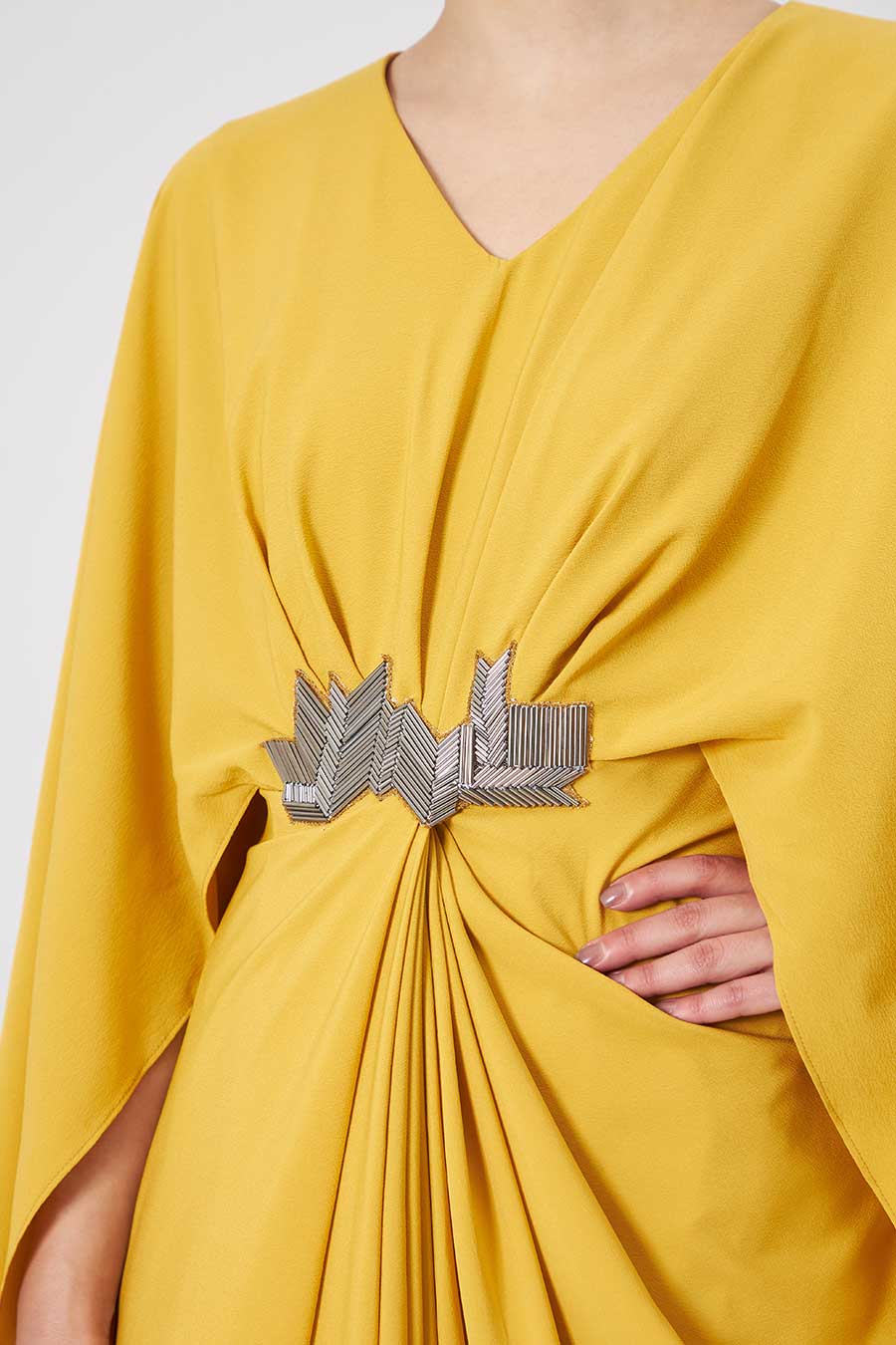 Metallic Embroidery Yellow Drape Dress