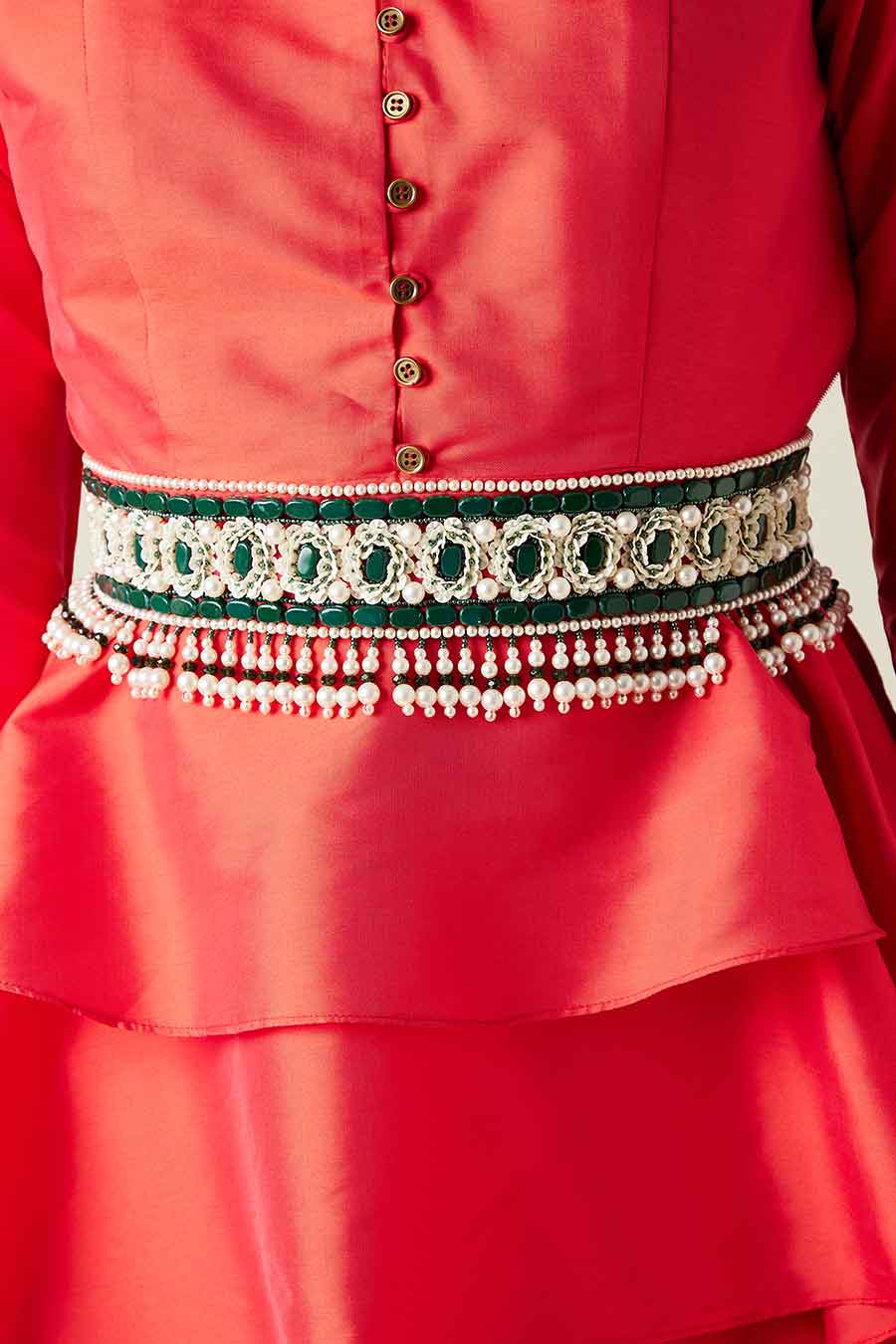 Emerald Bead & Pearl Hand Embroidered Belt