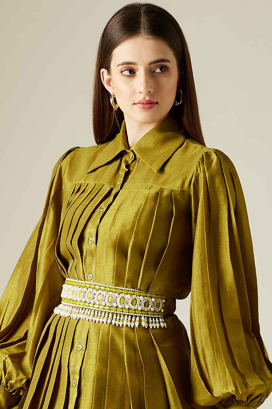 Olive Bead & Pearl Hand Embroidered Belt