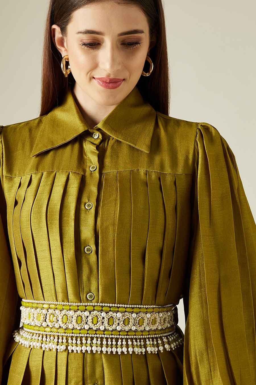 Olive Bead & Pearl Hand Embroidered Belt