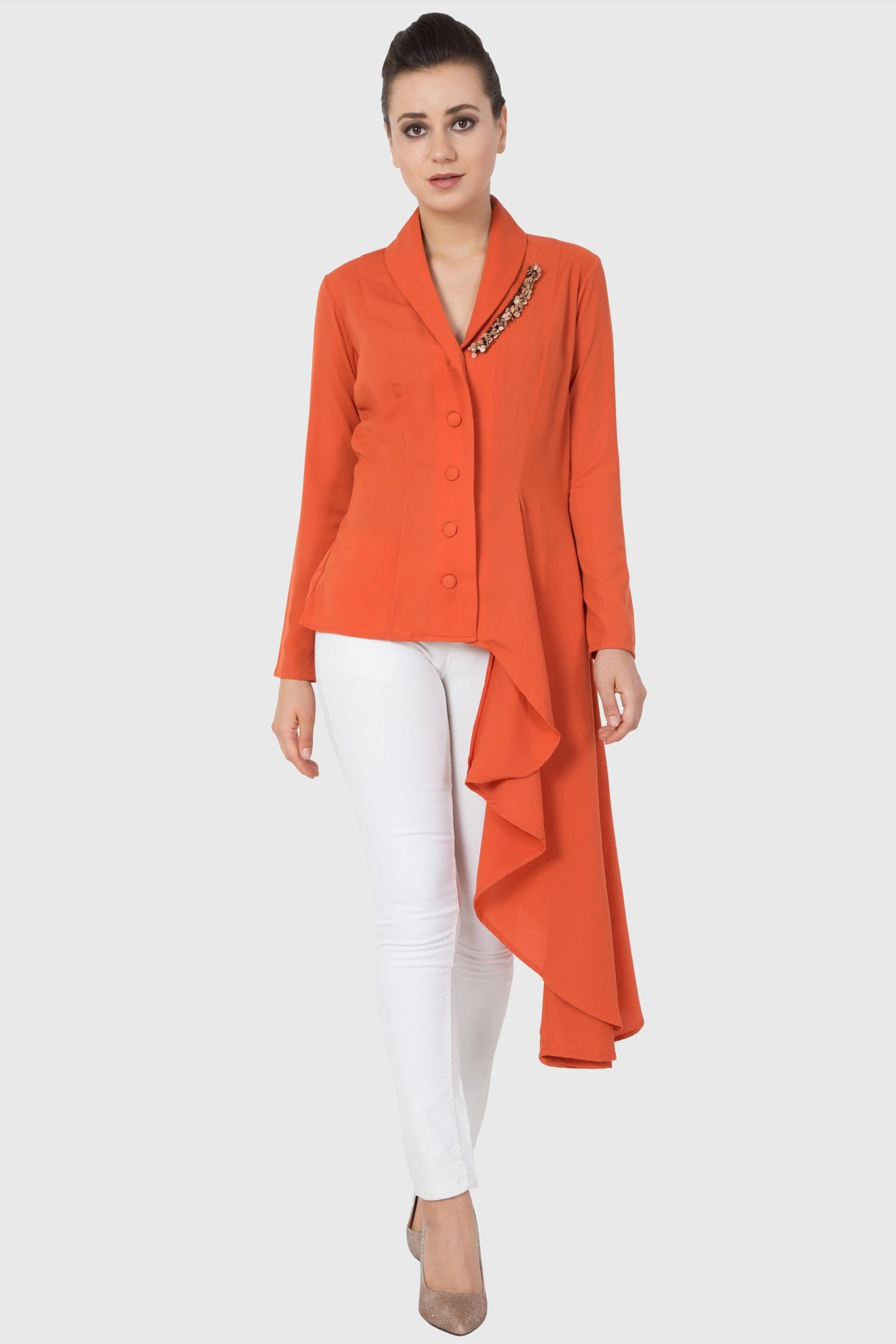 Orange Embroidered Blazer Tunic Top