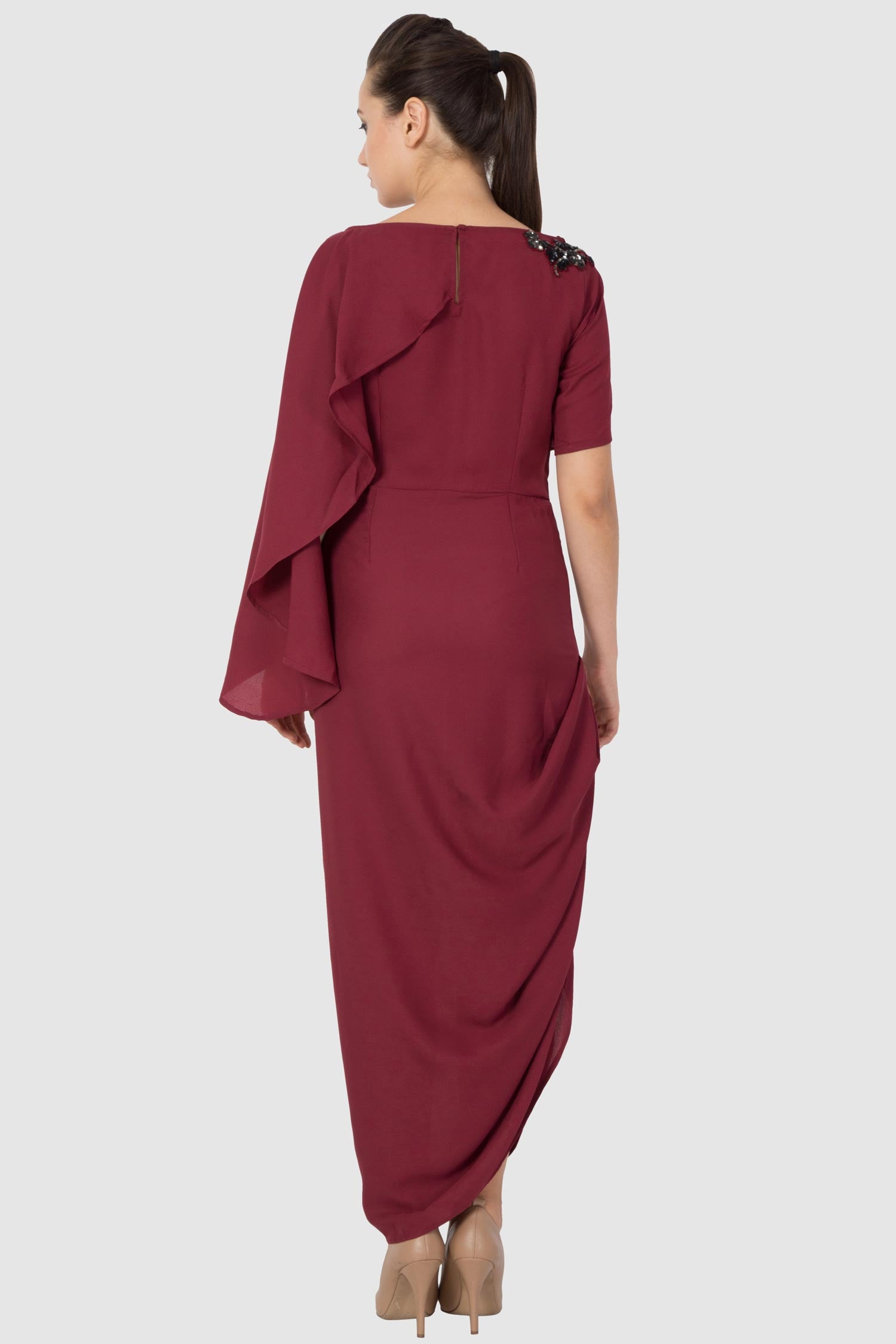 Maroon Side Cowl Embroidered Drape Dress
