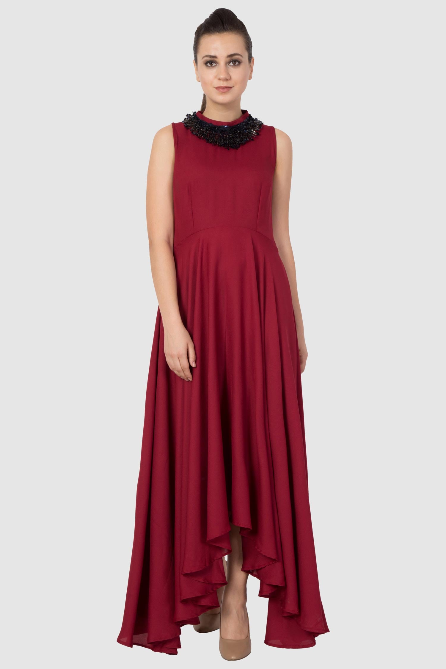 Wine Red Embroidered Handkerchief Dress