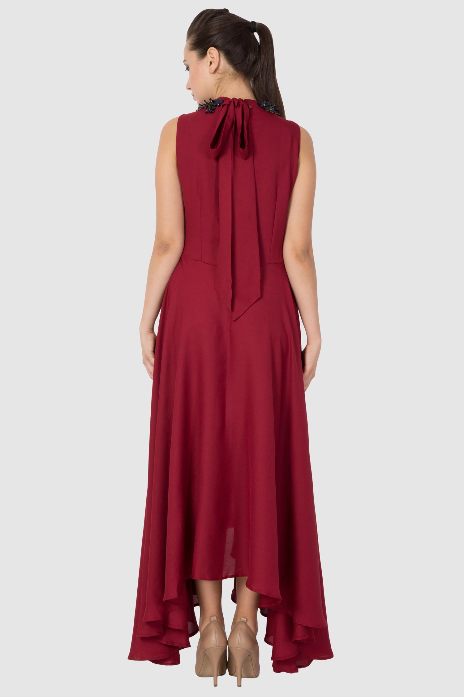 Wine Red Embroidered Handkerchief Dress