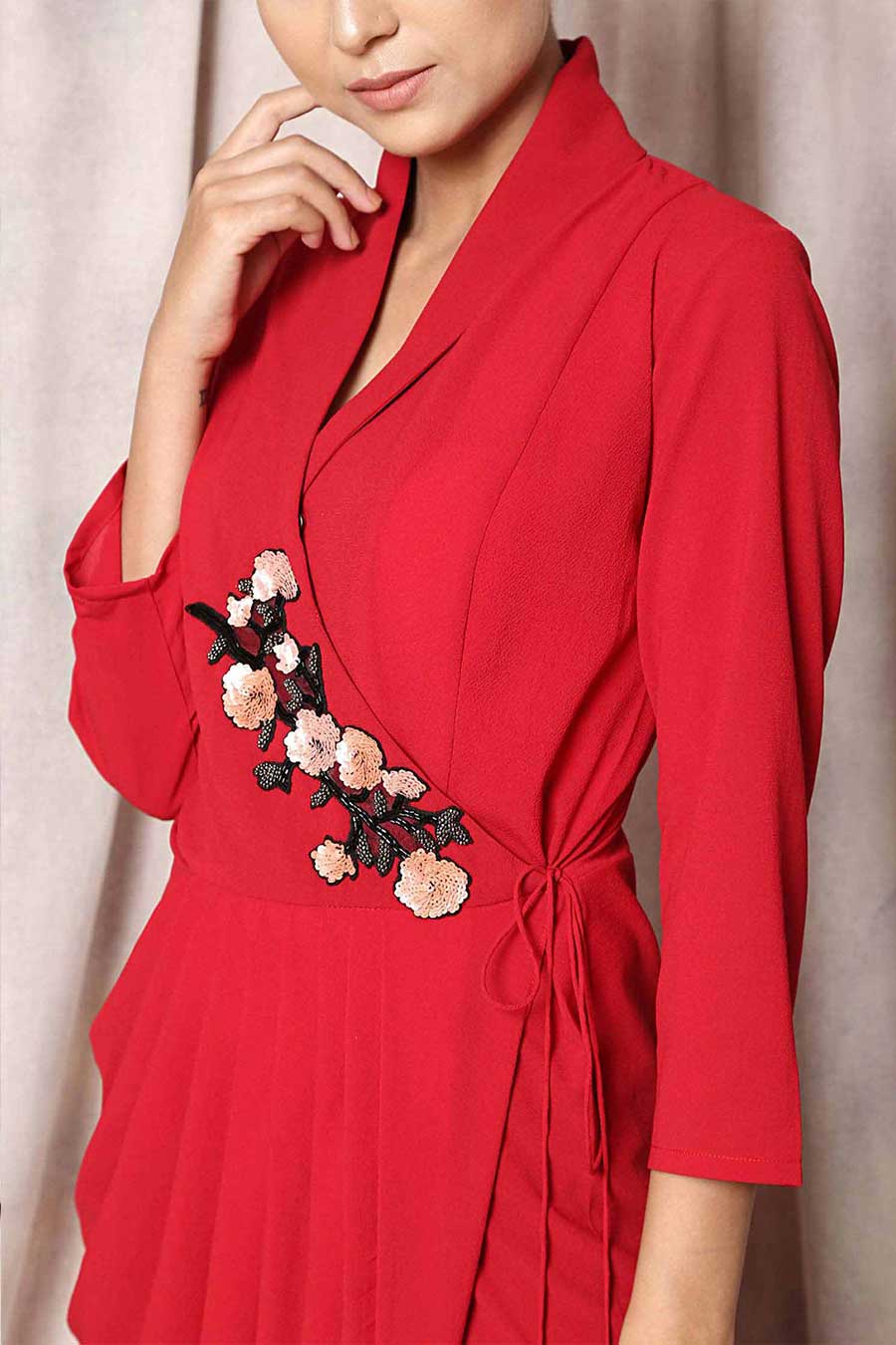 Red Shawl Collar Wrap Dress
