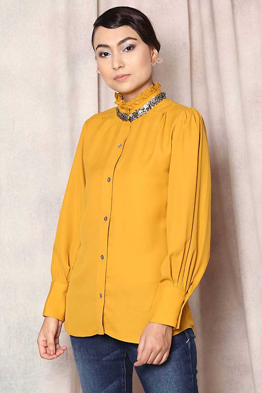 Yellow Metallic Collar Frill Shirt Top
