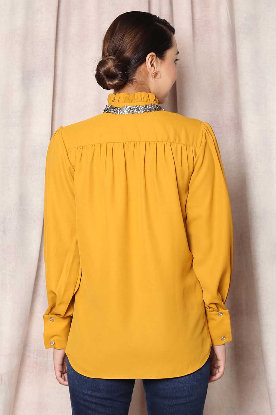 Yellow Metallic Collar Frill Shirt Top