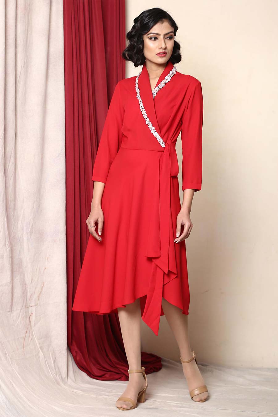 Red Vintage Midi Wrap Dress