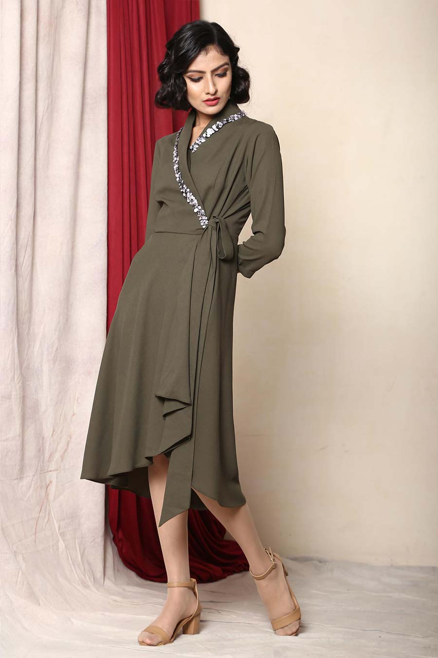 Olive Green Vintage Midi Wrap Dress