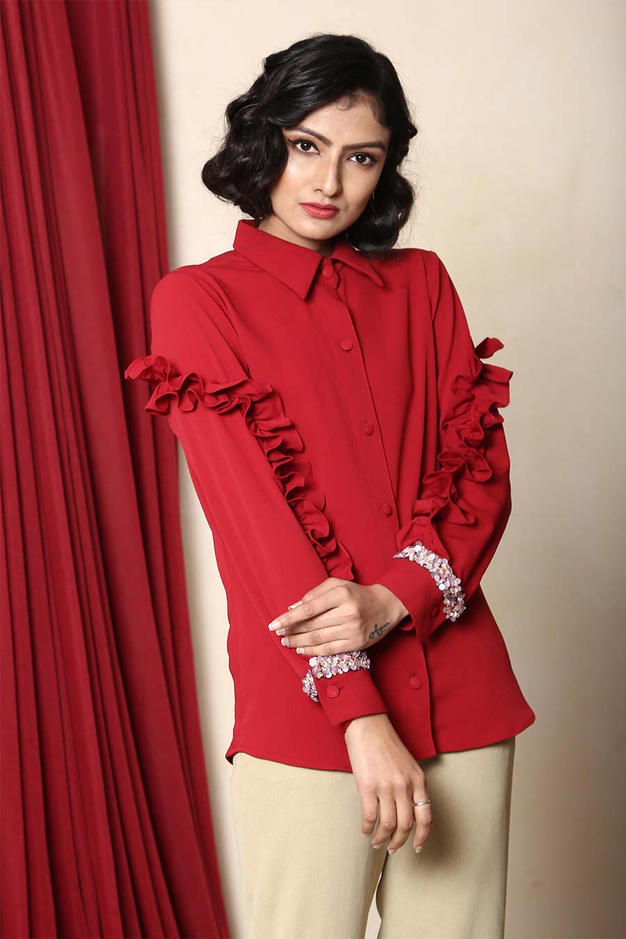 Red Ruffle Embellished Shirt