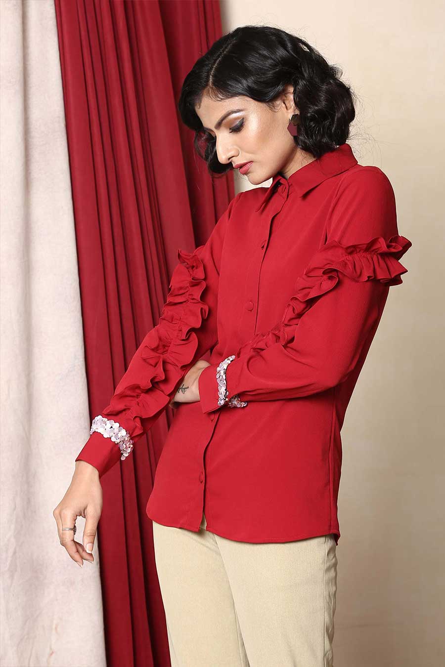 Red Ruffle Embellished Shirt