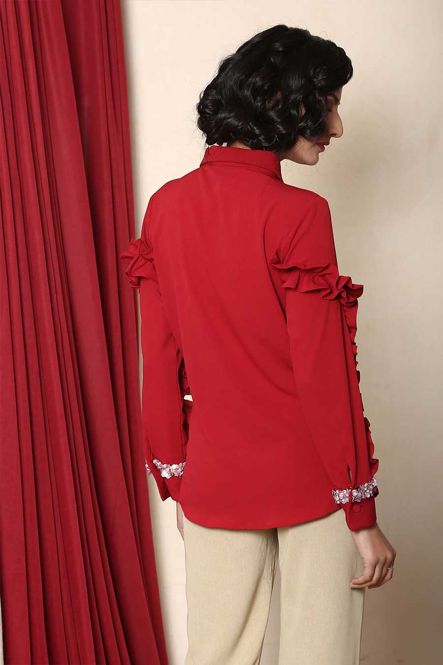 Red Ruffle Embellished Shirt