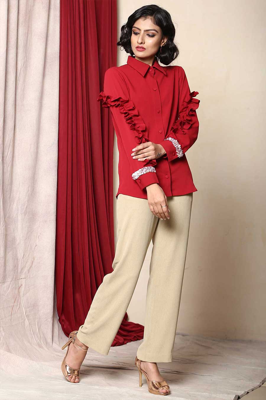 Red Ruffle Embellished Shirt