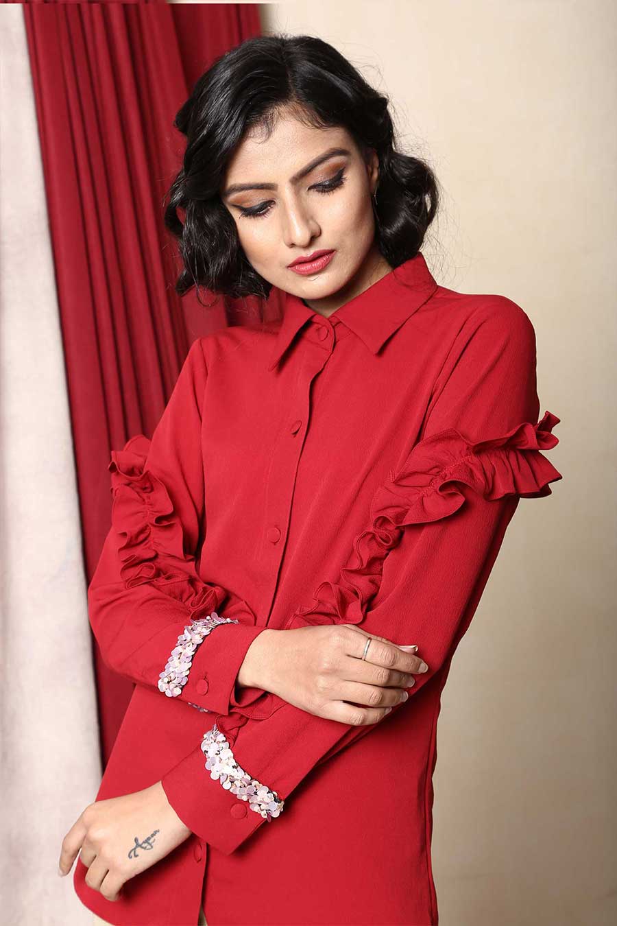 Red Ruffle Embellished Shirt