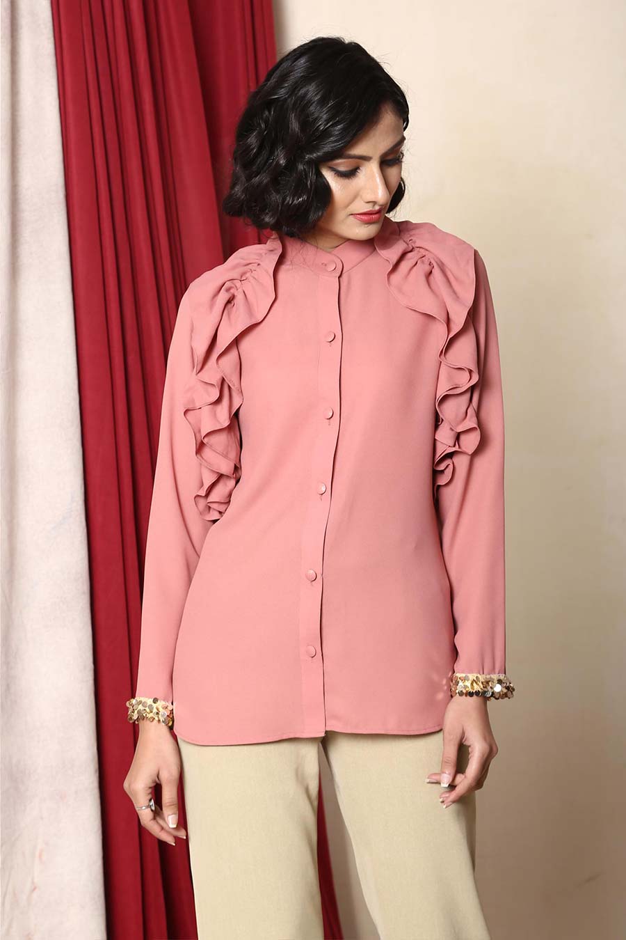 Pink Ruffle Sequin Cuff Shirt