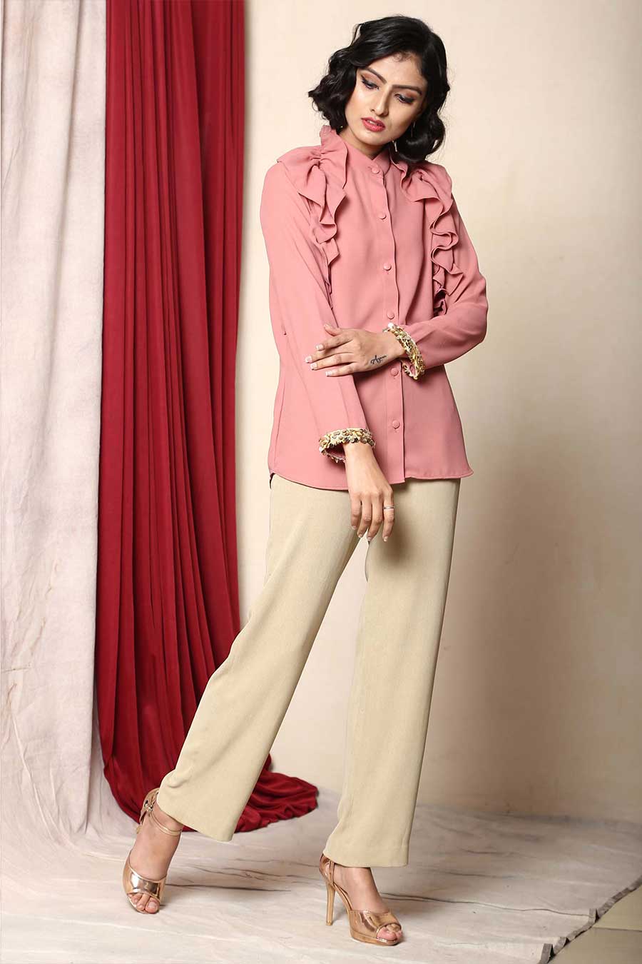 Pink Ruffle Sequin Cuff Shirt