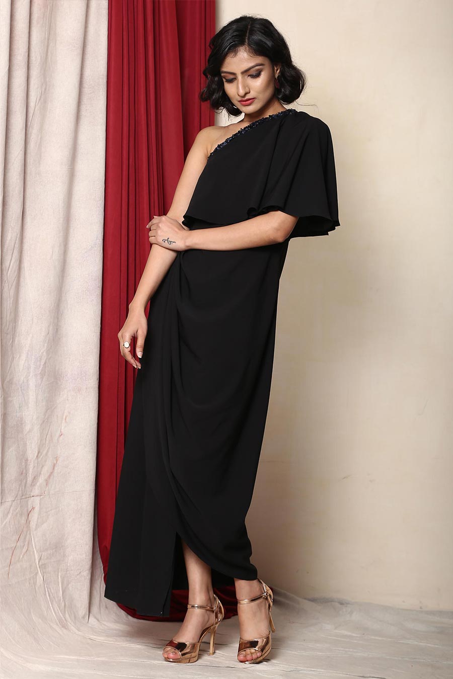 Black Sequin Drape Dress