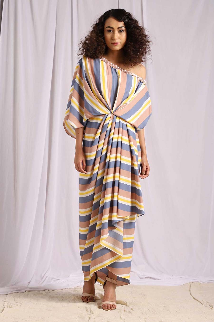 Pastel Stripes One Shoulder Drape Dress