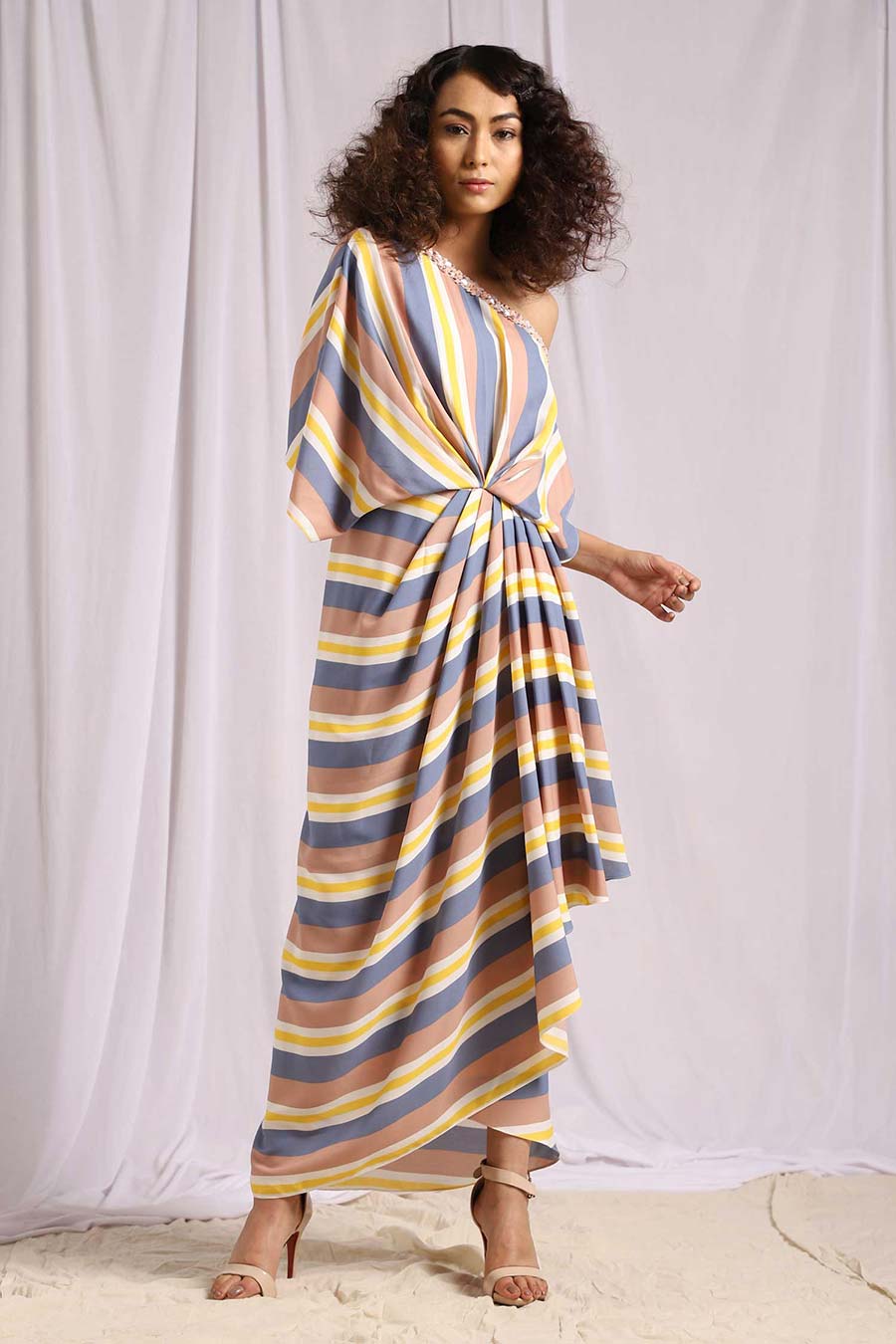 Pastel Stripes One Shoulder Drape Dress