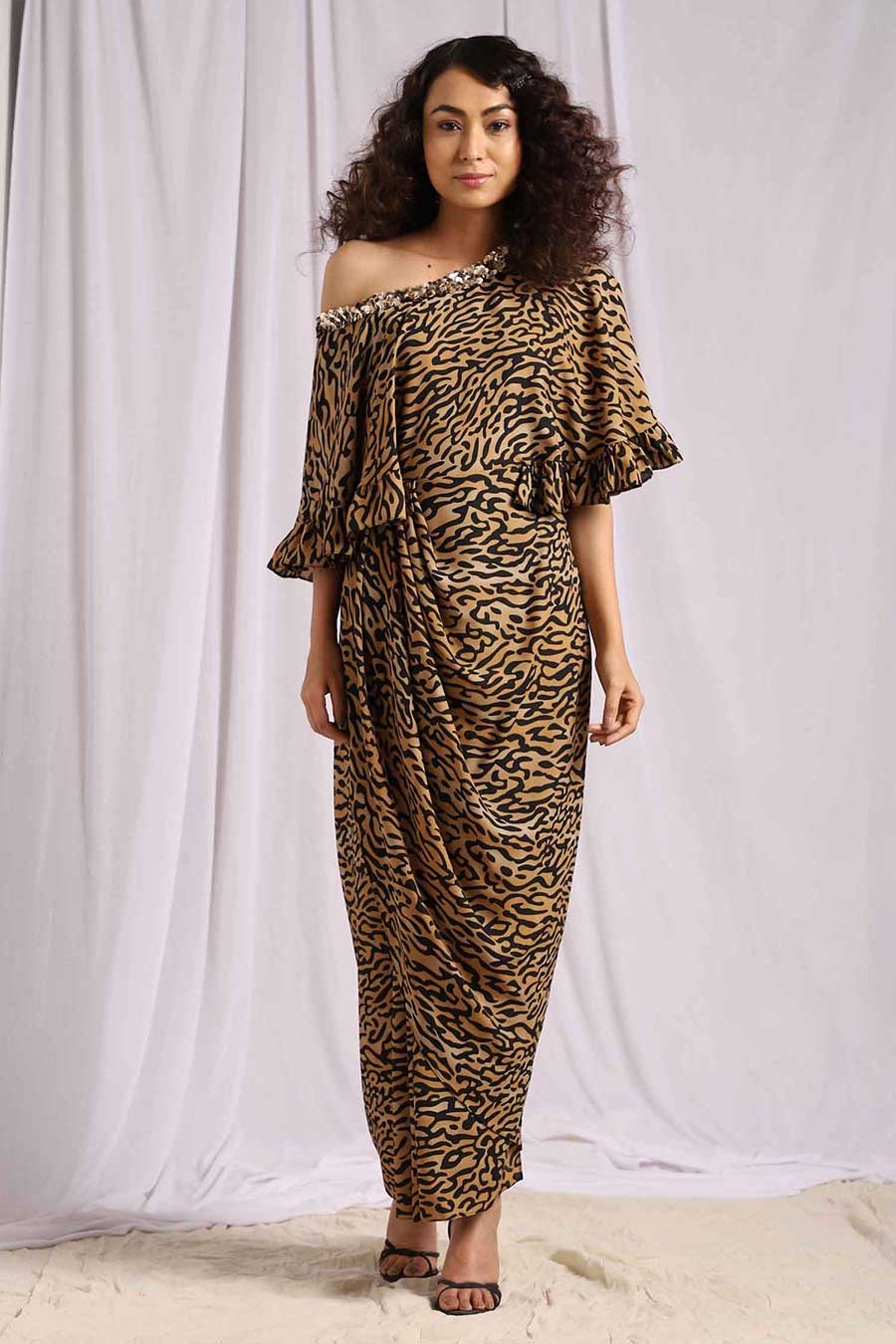 Leopard Print Sequins Drape Dress