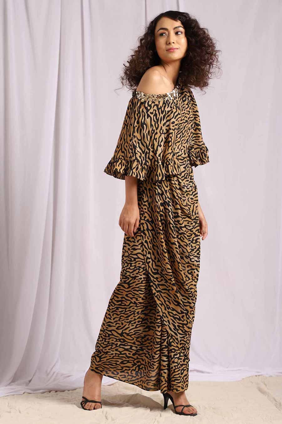 Leopard Print Sequins Drape Dress