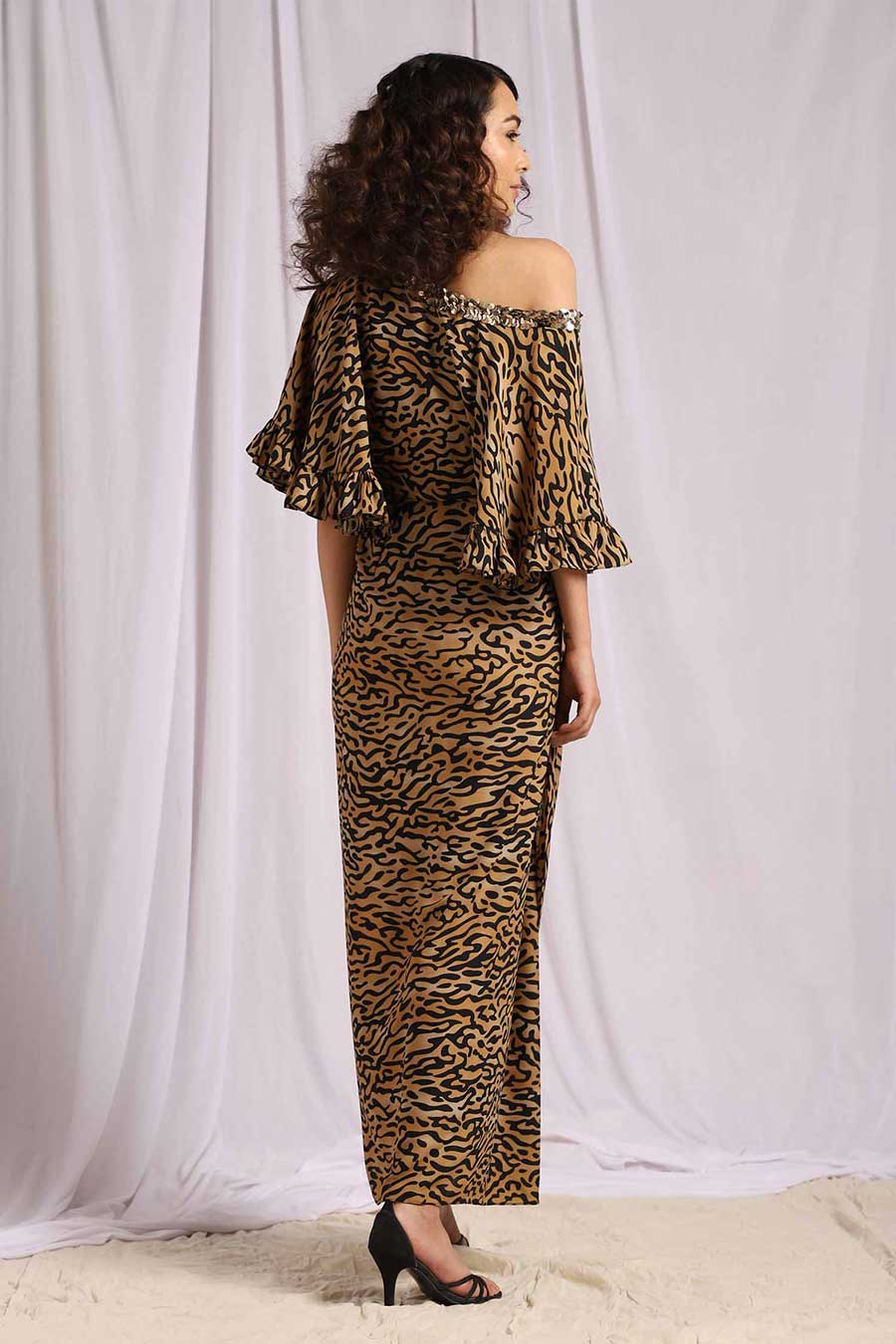 Leopard Print Sequins Drape Dress