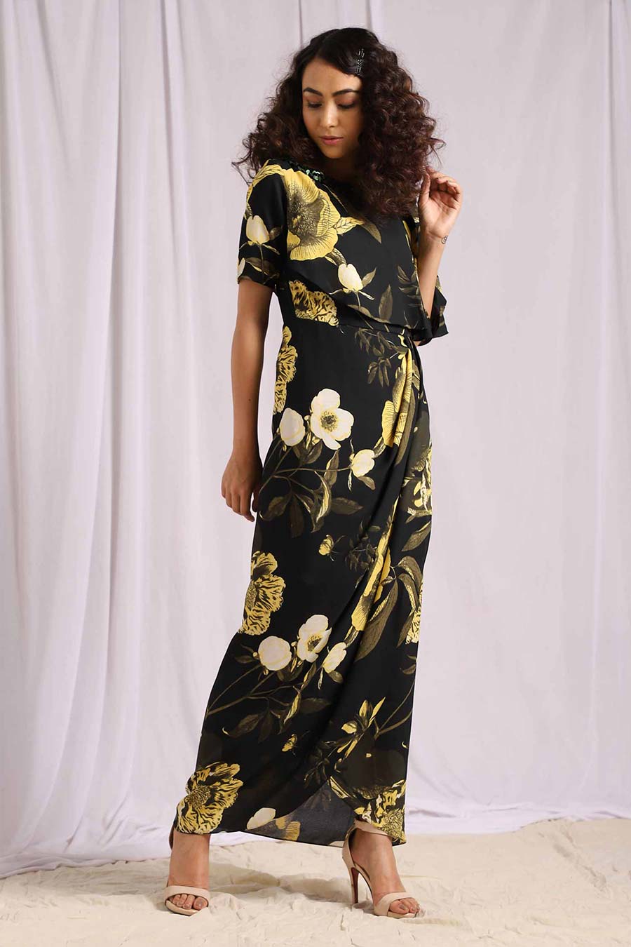 Yellow Tropical Print Sequins Drape Dress