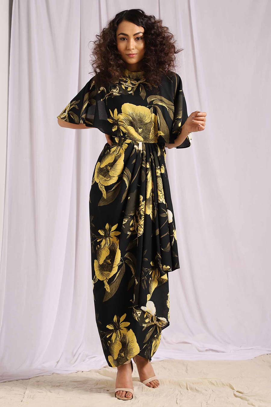 Yellow Bloom Tropical Print Drape Dress