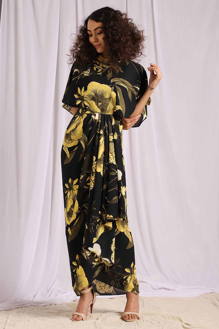 Yellow Bloom Tropical Print Drape Dress