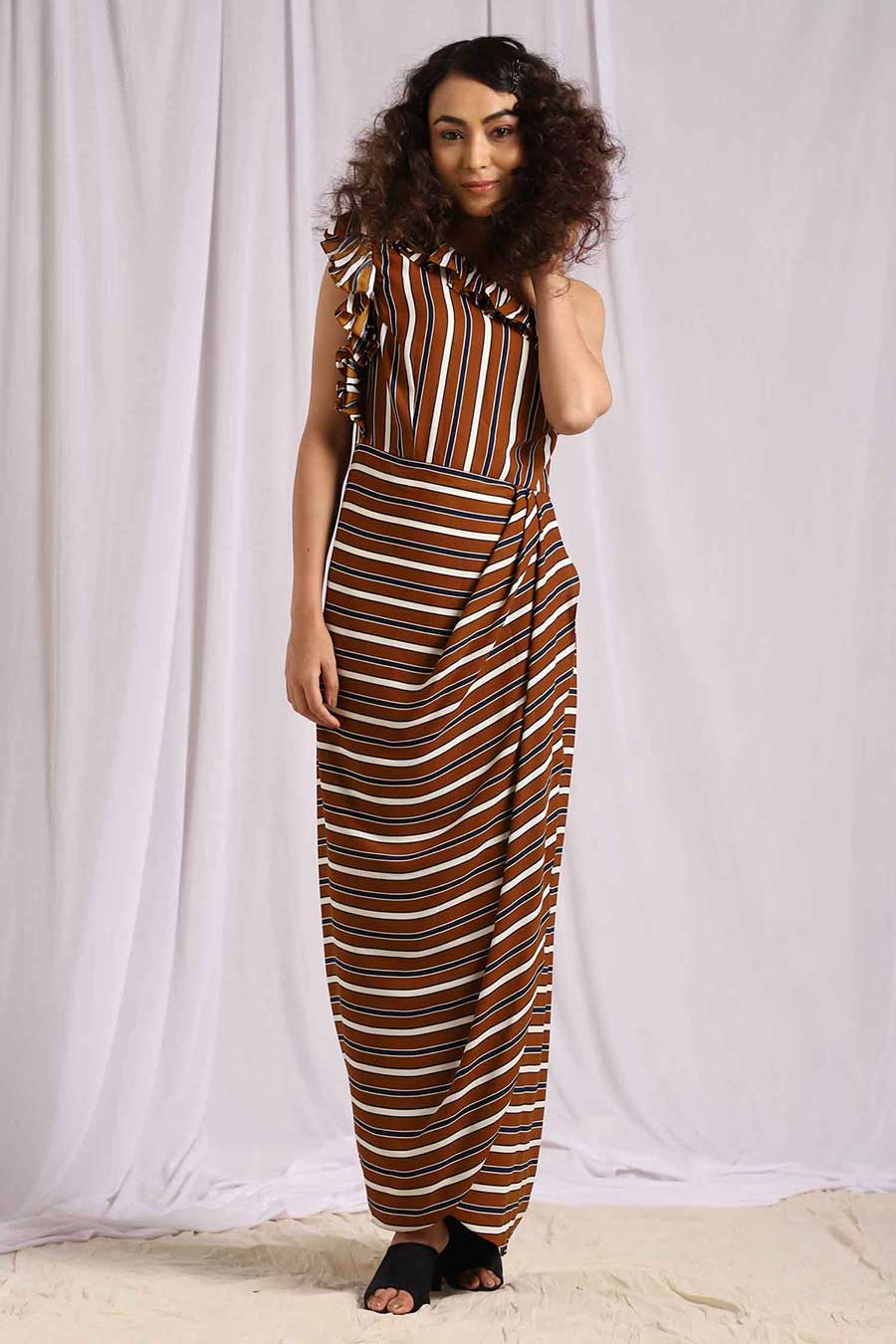 Brown Striped One Shoulder Drape Dress