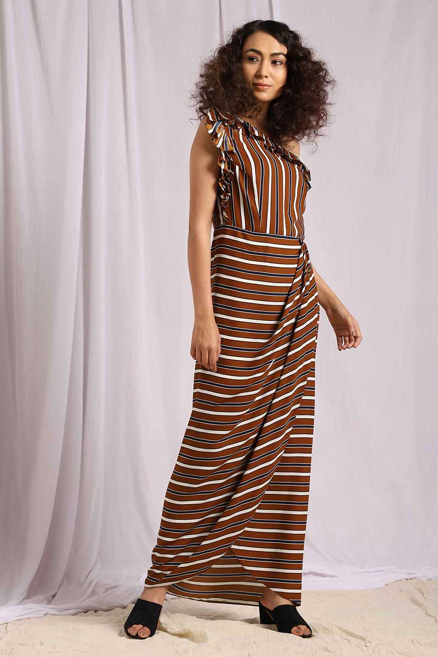 Brown Striped One Shoulder Drape Dress0